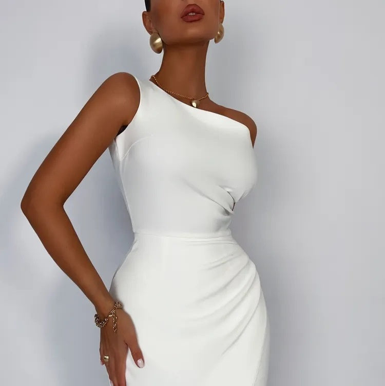Elegant Sexy Slim-fit Shoulder Slit Satin Dress For Women