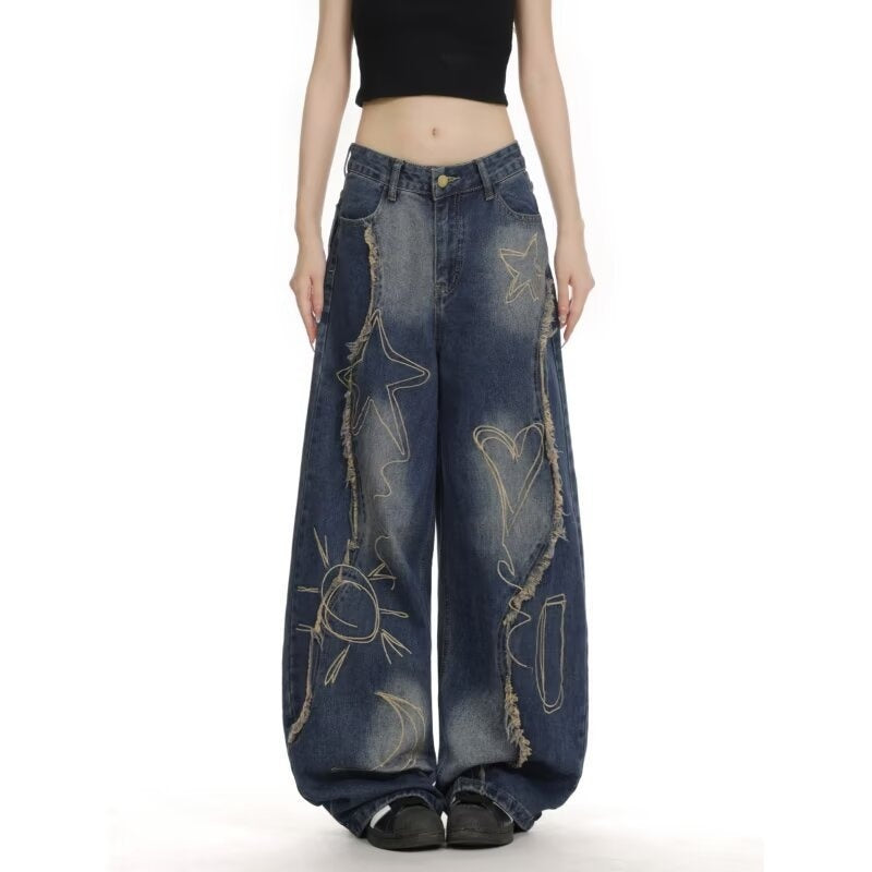 Women's High Waist Ripped Jeans Slim Fit Wide Leg Floor-Length Pants