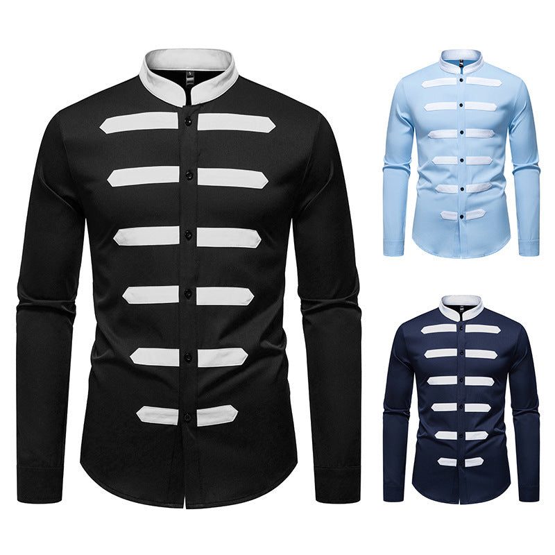 Black And White Stitching Design Men's Versatile Casual Long Sleeve Shirt
