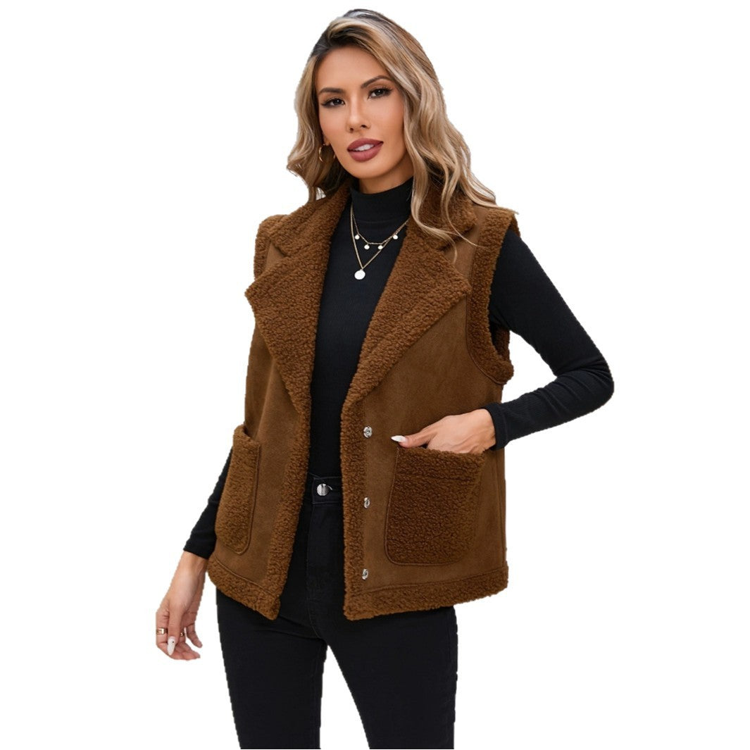 Women's Corduroy Collar Stitching Suede Vest Jacket With Side Pockets