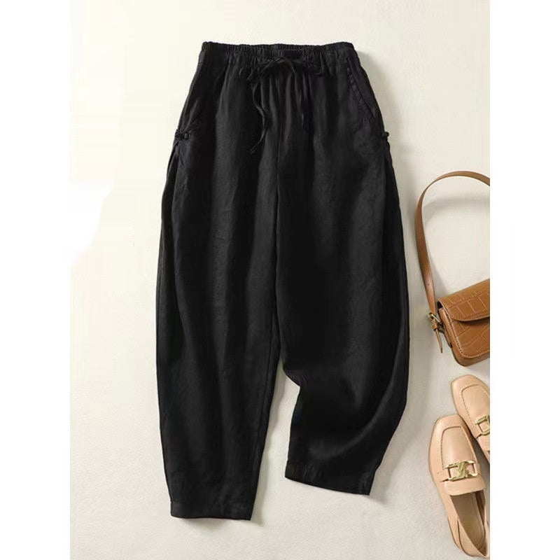 Cotton Cropped Pants Loose Thin Buckle High Waist Lace Up Casual Harem Pants