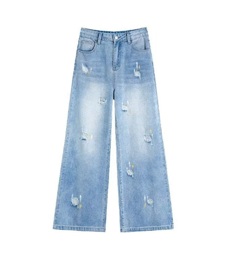 Womens Trendy Loose-fit Ripped Wide-leg Jeans