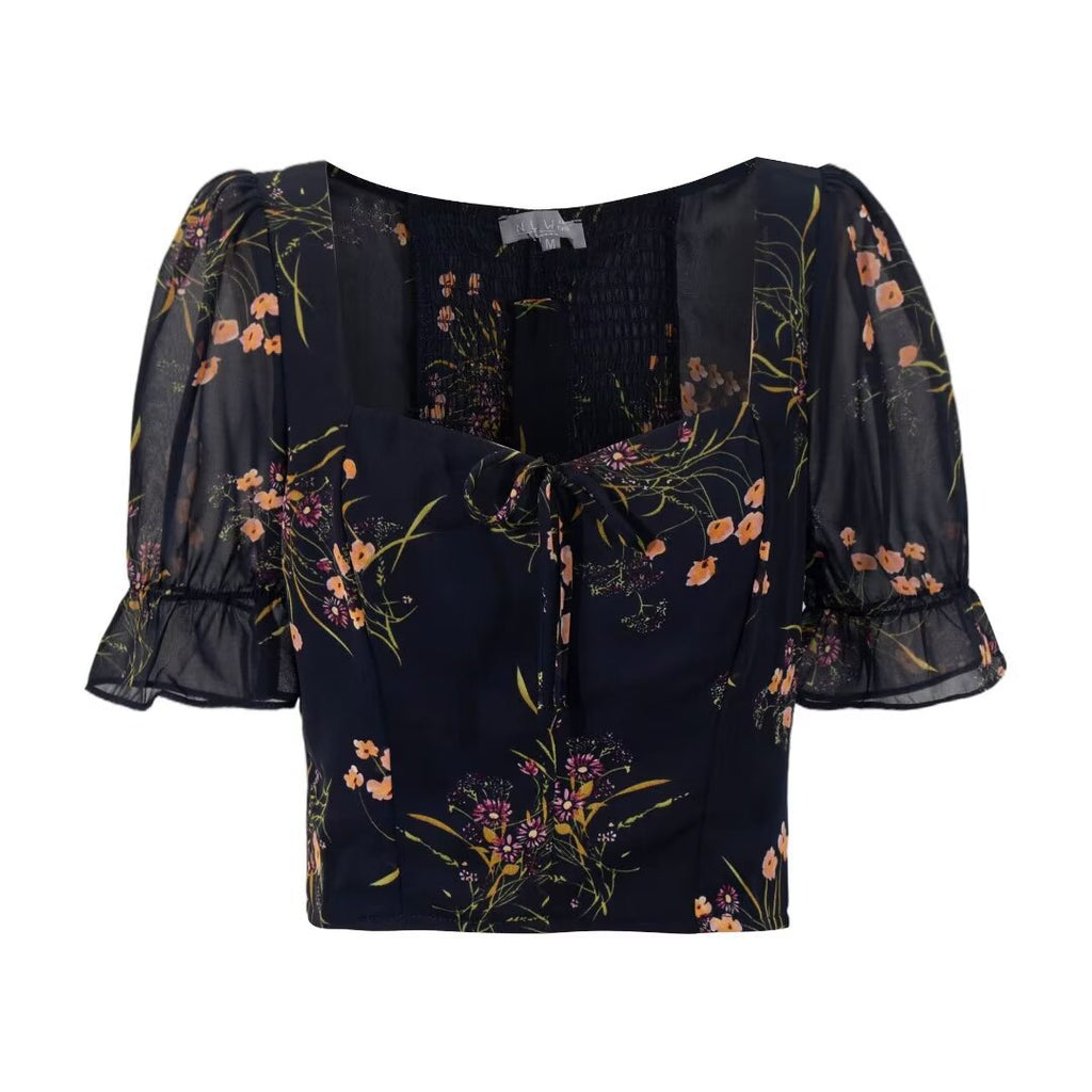 Womens Slim-fit Floral Puff-sleeve Short Top