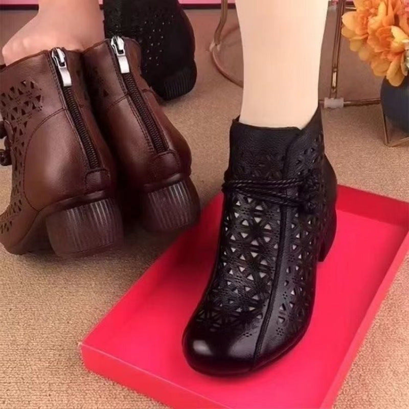 All-match Leather Mid-heel Comfortable Retro Closed Toe Chunky Heel Hollow Sandals
