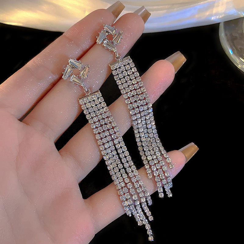Sterling Silver Needle Light Luxury Tassel Earrings Banquet Style High-grade Long Earrings