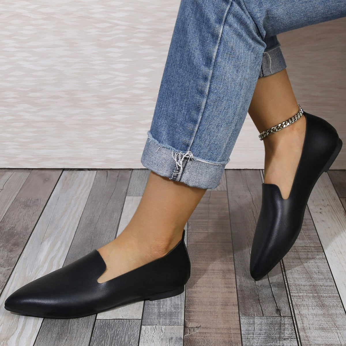 Leather Flat Bottom Pumps Female Low-cut Plus Size