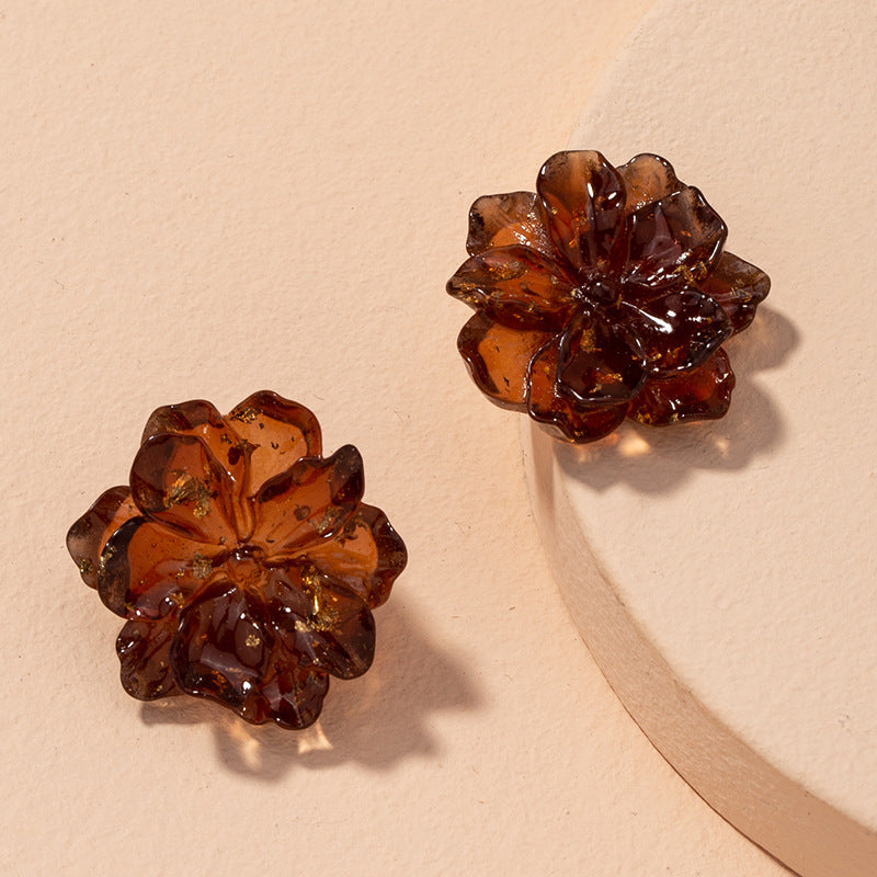Transparent Resin Gold-foil Roses Stud Earrings