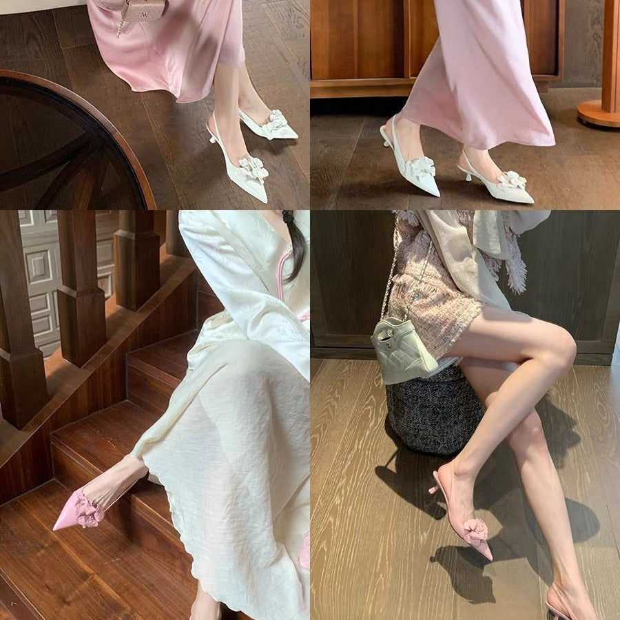 Small Sharp Point Low-cut Hollow Flower High Heels For Women