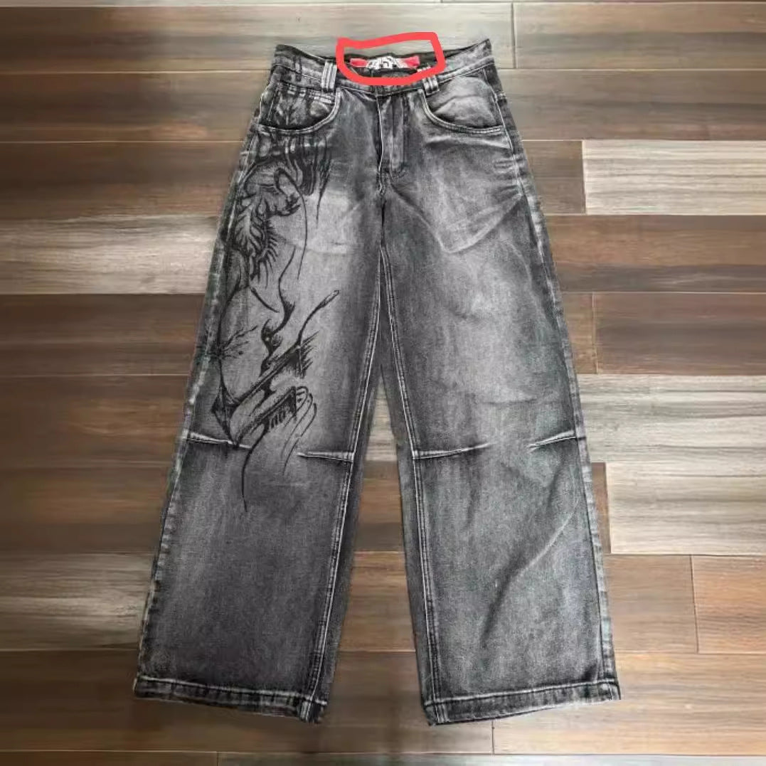 Retro Worn Looking Washed-out Hip Hop Loose Wide Leg Jeans Trendy Cool Jeans