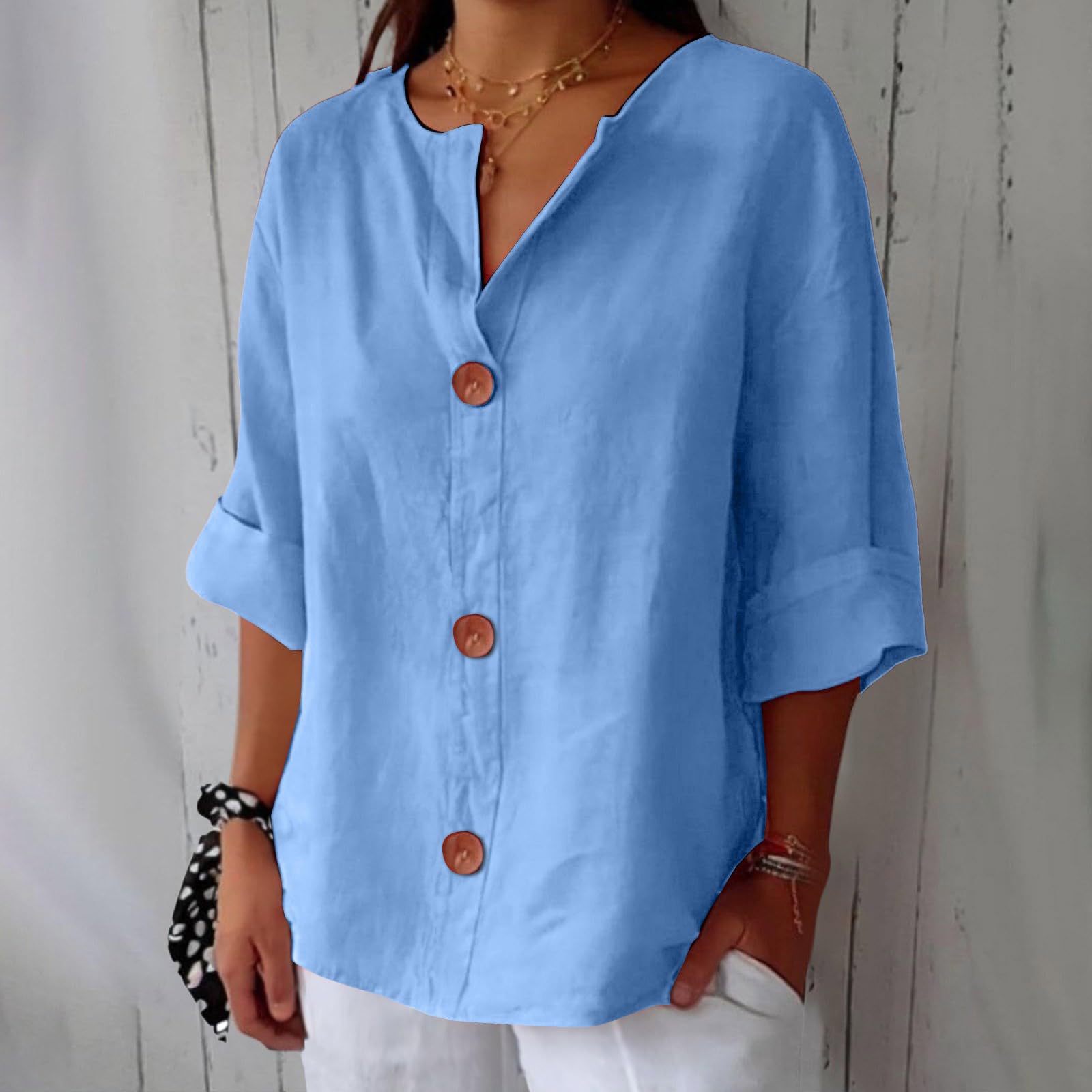 Women's V-neck cotton and linen buttoned blouse