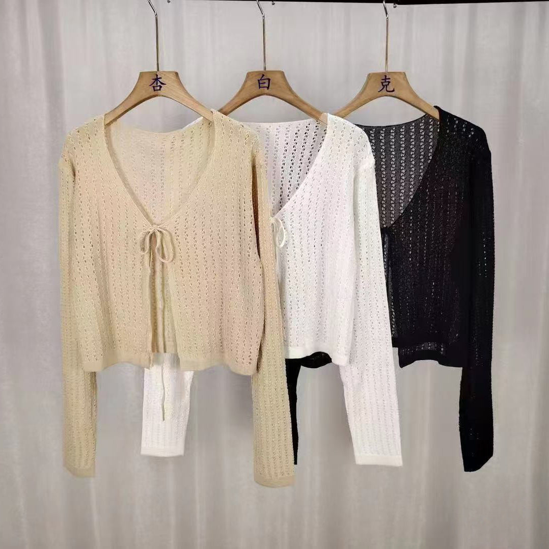 Round Neck Tied Bowknot Hollow Loose Long Sleeve Sun Protection Sweater
