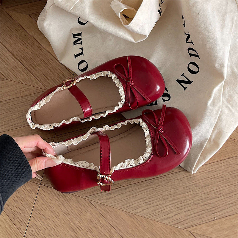 Round Toe Vintage Bow Leather Flat Shoes