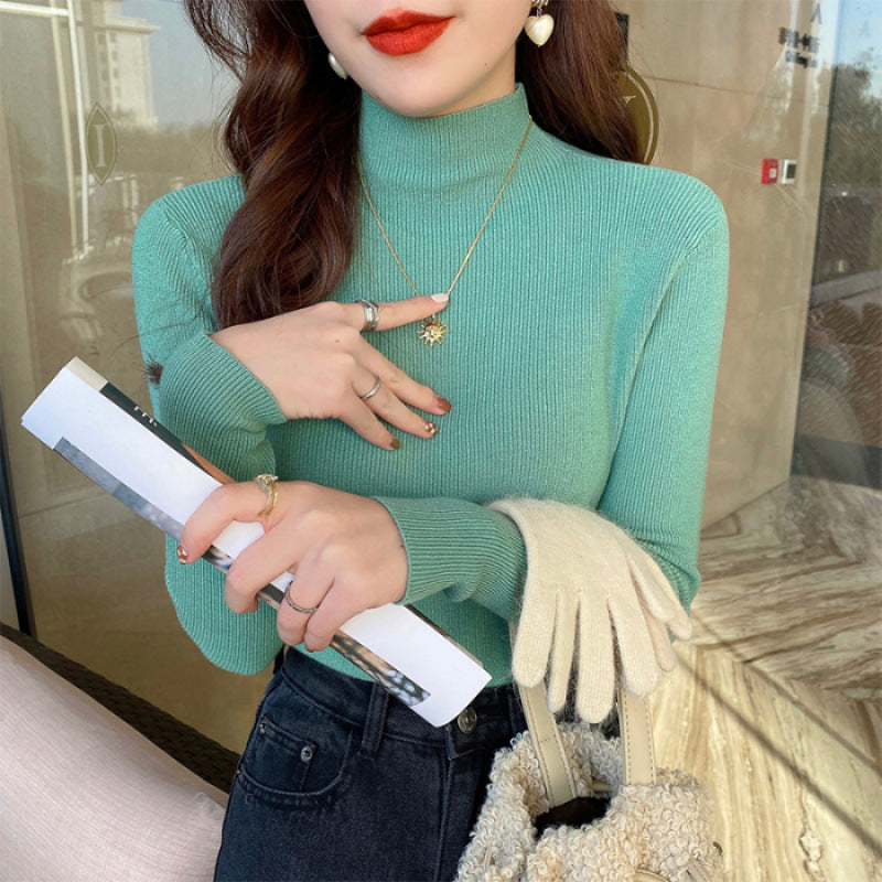 White Stand Collar Half Turtleneck Long-sleeve Knitted Undershirt