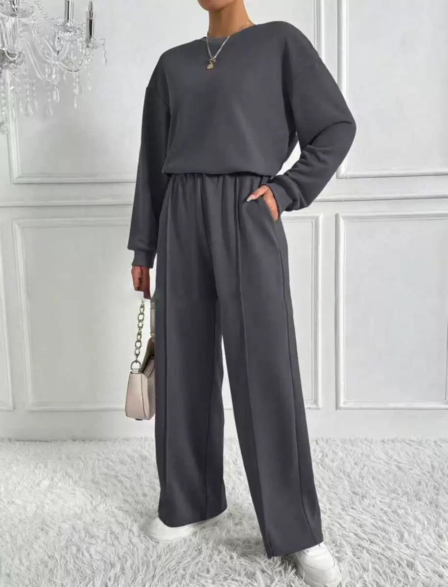 Women's Round Neck Long-sleeved Trousers Temperament Twinset