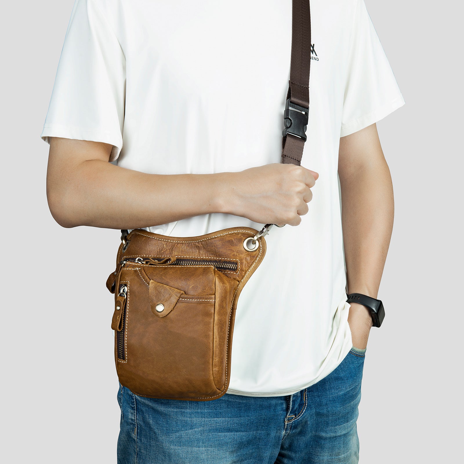 Men's Denim Leather Leg Bag Outdoor Sports