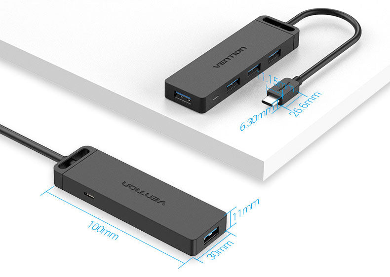 Type-C To USB3.0x4 HUB Micro USB Powered ABS Black