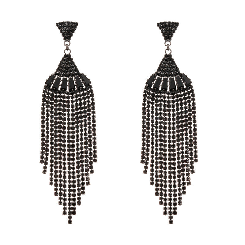 Silver Needle Black Rhimestone Flower Geometric Tassel Stud Earrings