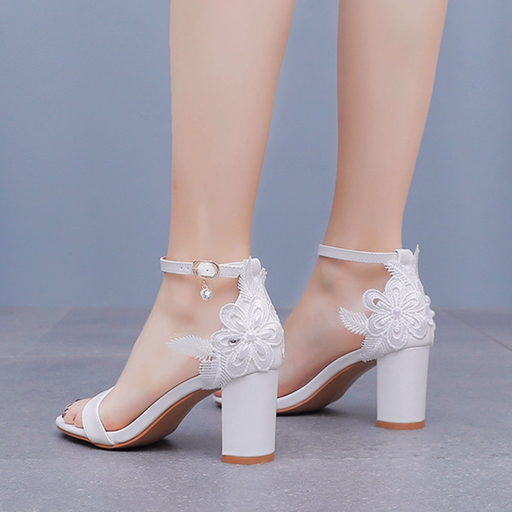 Chunky Heel Low-cut One-strap Round Toe Flower Beaded High Heel Sandals
