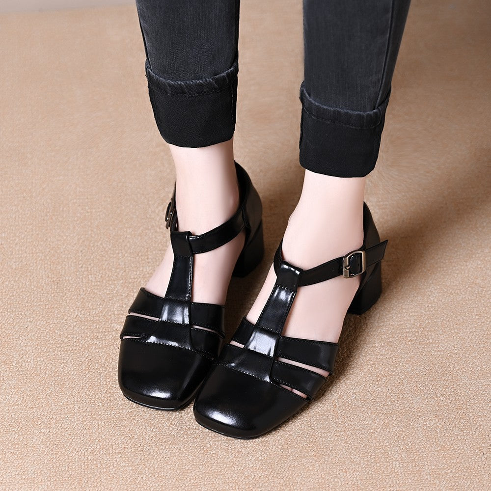 Hollow Retro Strap All-matching Chunky Heel Sandals