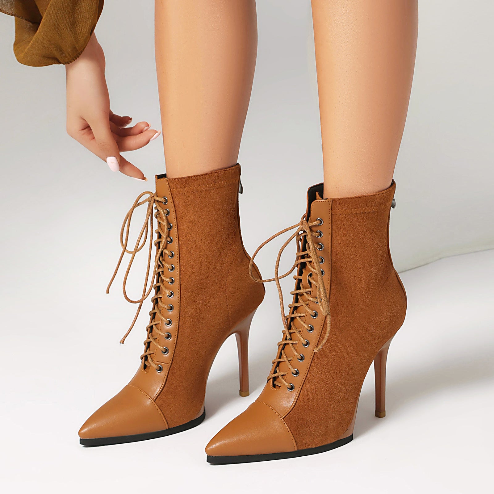 New Drawstring Patchwork European And American Women's Boots Short Pointed Knight Boots