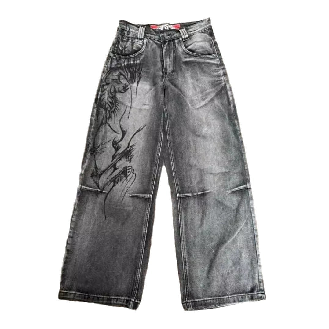 Retro Worn Looking Washed-out Hip Hop Loose Wide Leg Jeans Trendy Cool Jeans