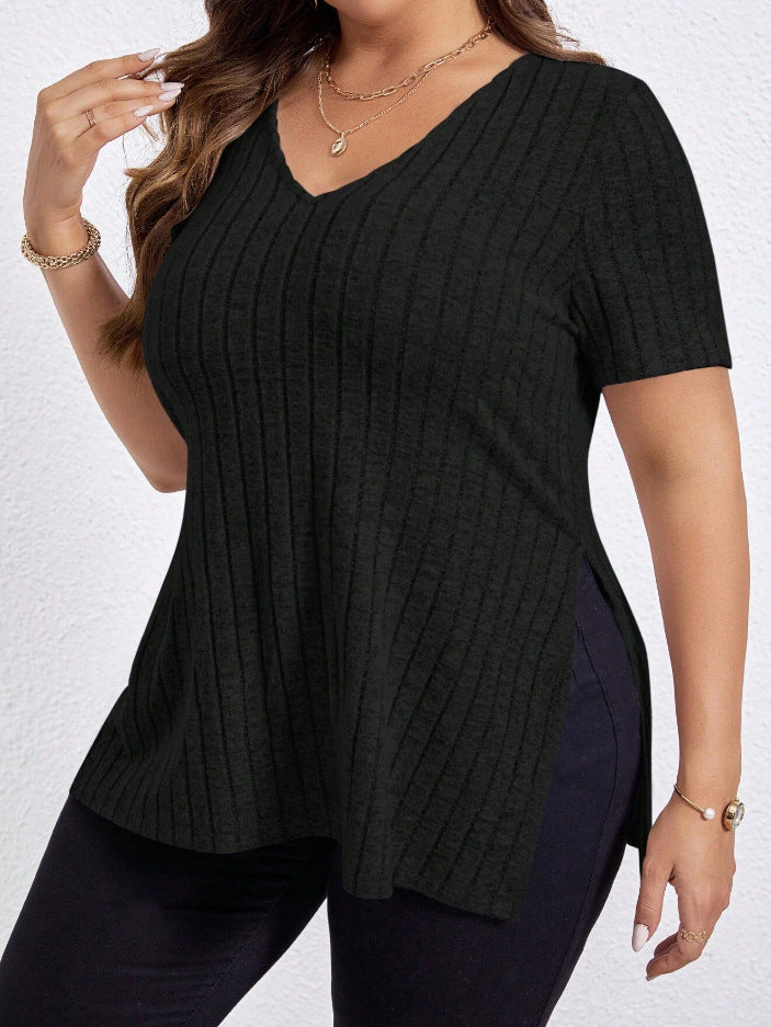 V-neck Split Sunken Stripe Brushed Women's Short Sleeve