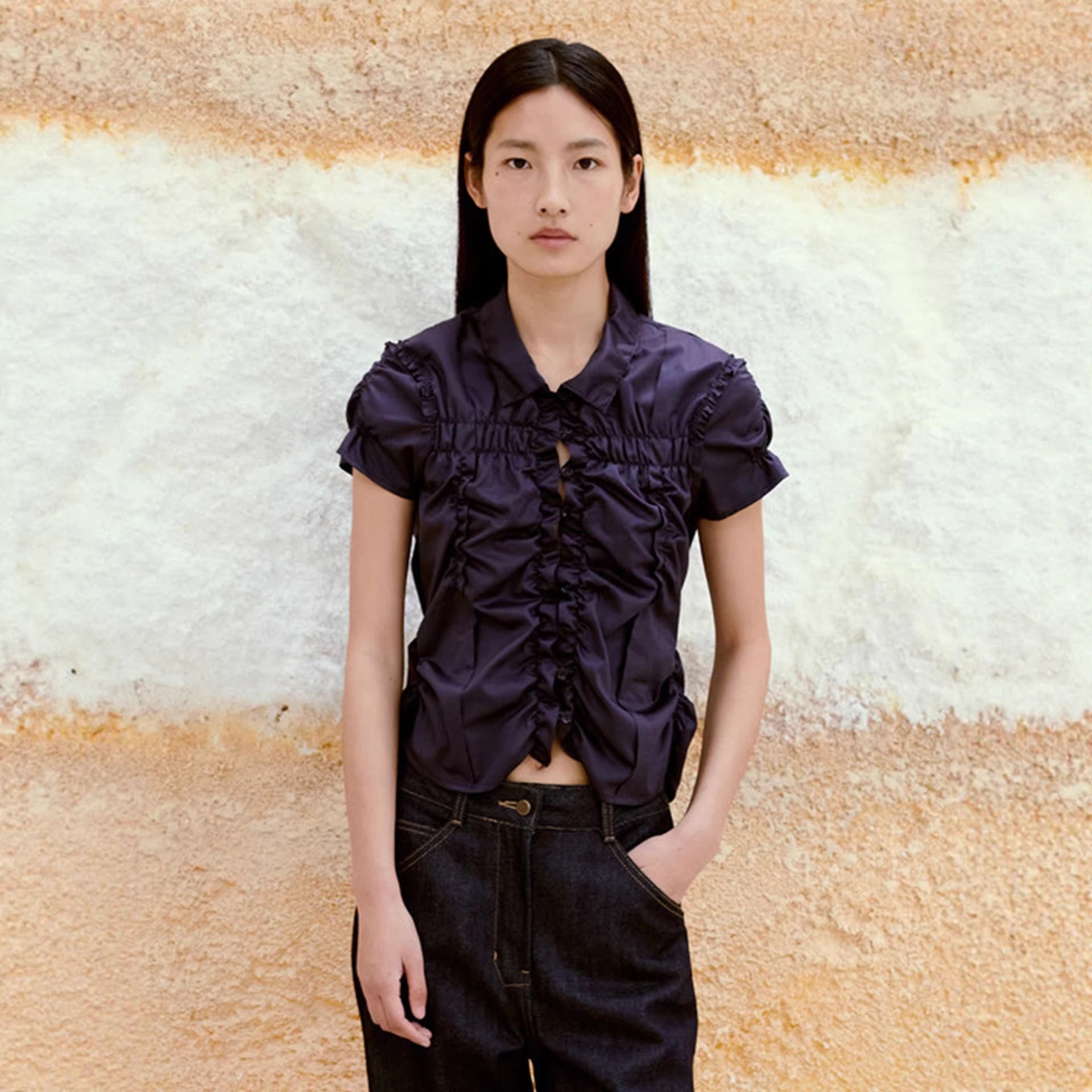 Ruffled Slim-fit Pleated Short-sleeve Top With Drawstring A-line Skirt