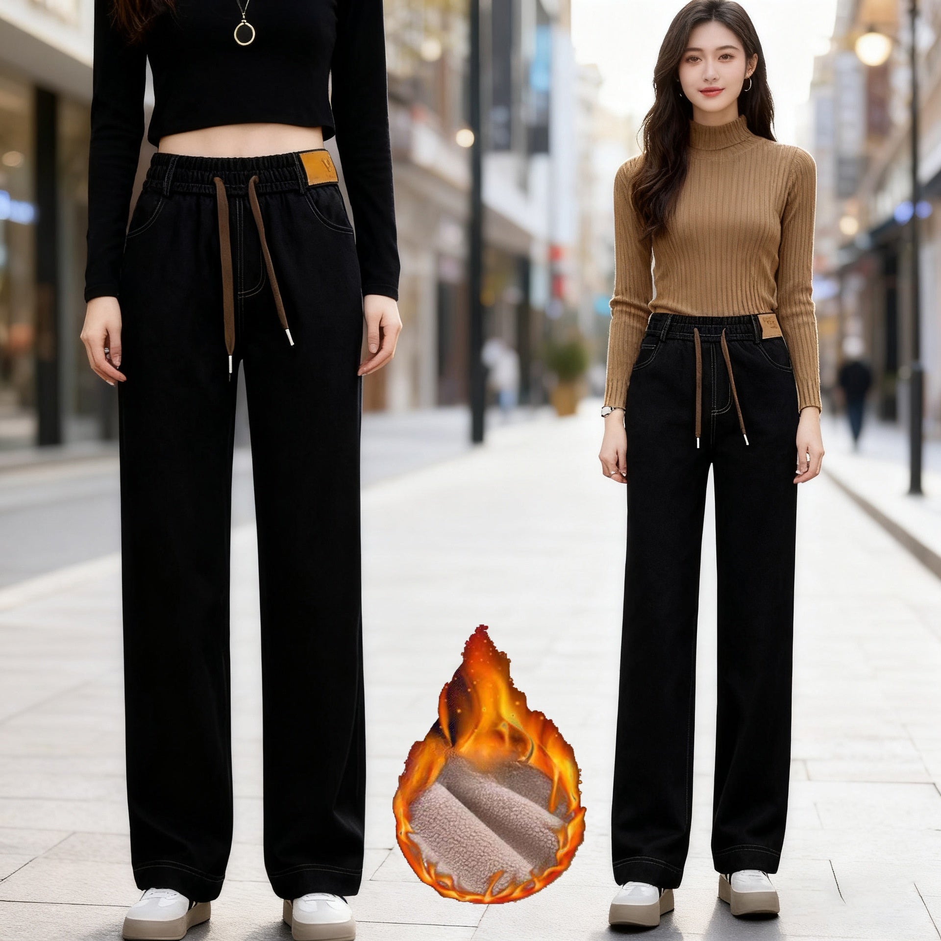 New Fleece-Lined High-Waist Straight-Leg Denim Wide-Leg Pants