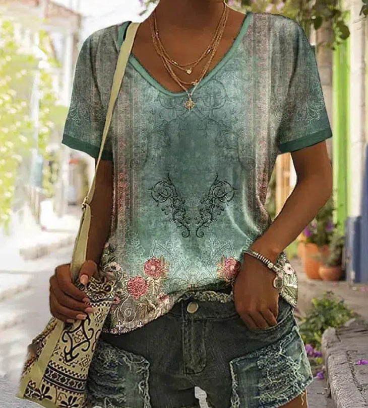 Fashionable 3D Printed Loose Short-sleeved Top For Women