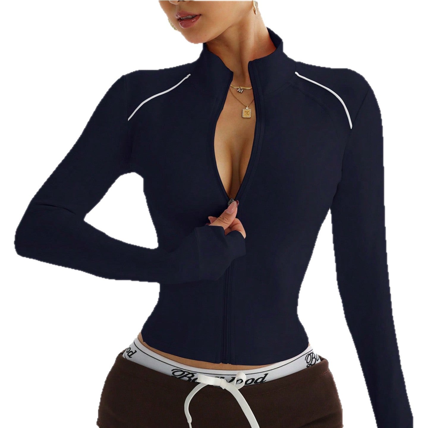 Short Contrast Color Sports Yoga Jacket Fitness Zip Long Sleeve Coat