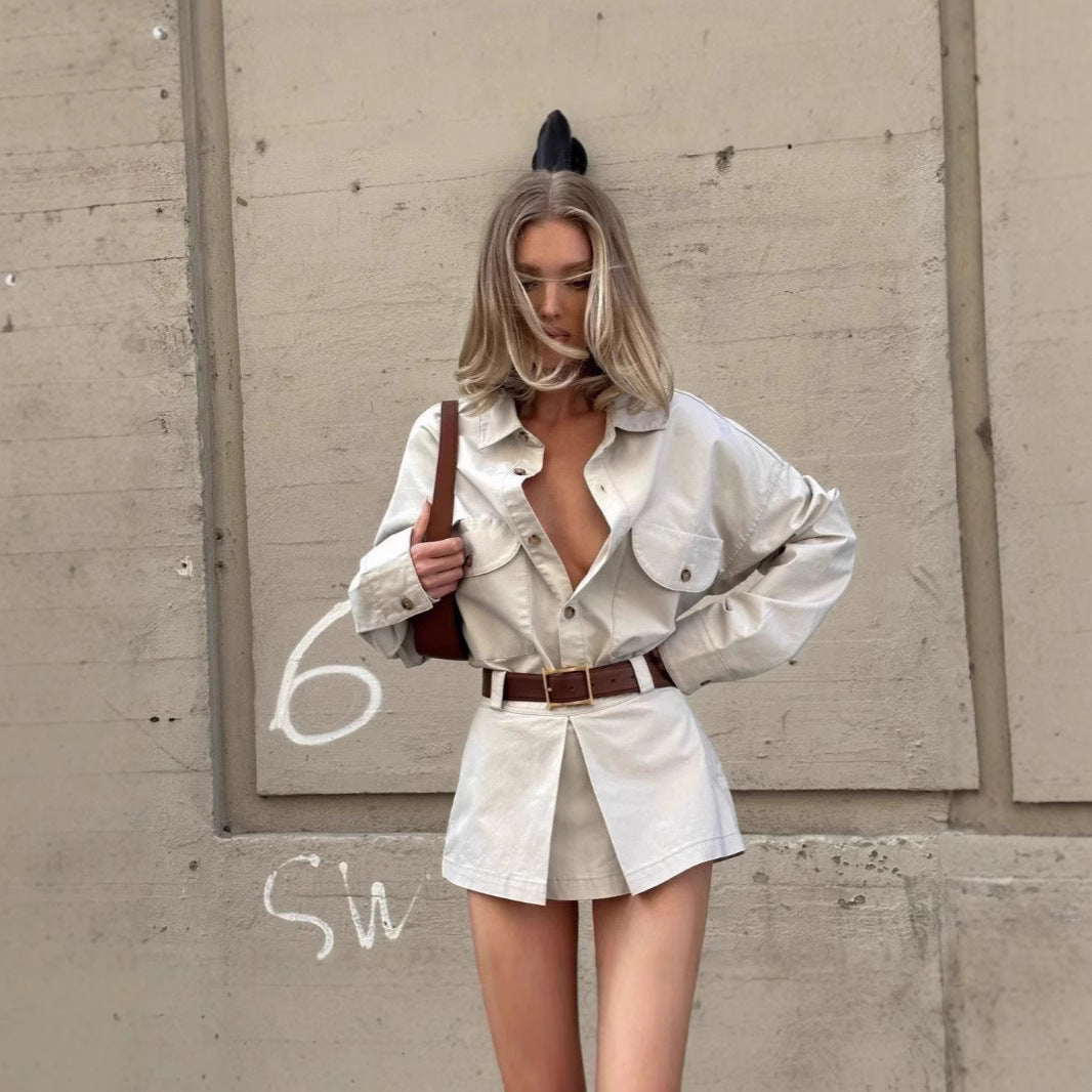 Fashion Personality Street Button Fake Pocket Long Sleeve Shirt Dress