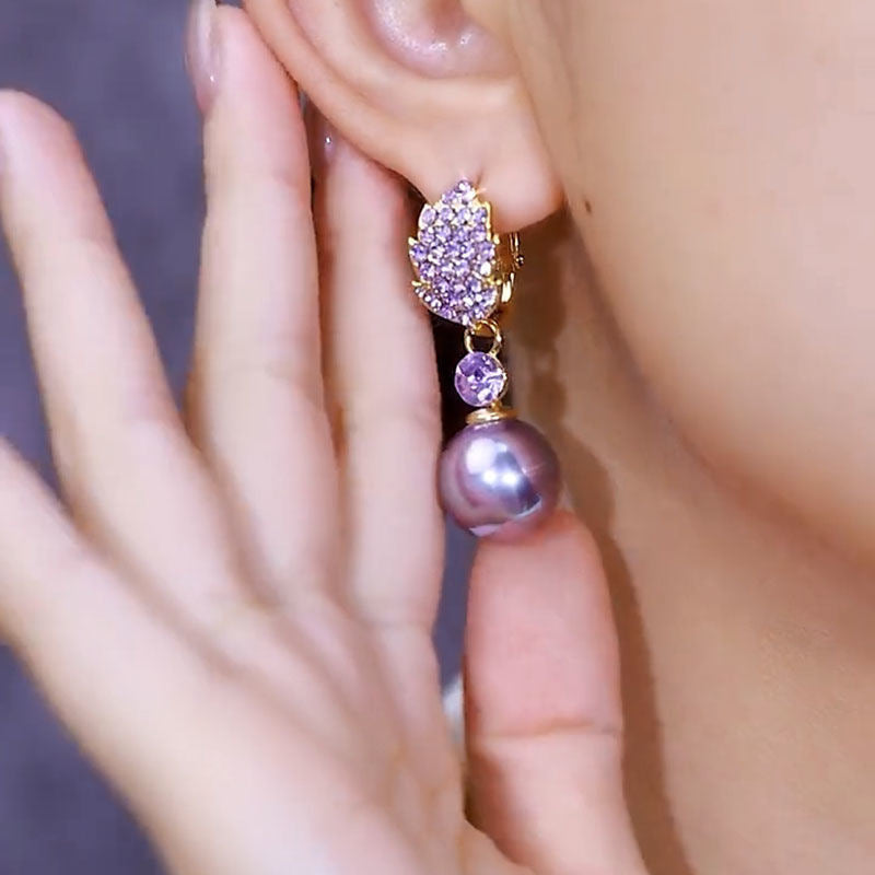 Light Luxury Purple Full Diamond Leaf Pearl Earrings For Women