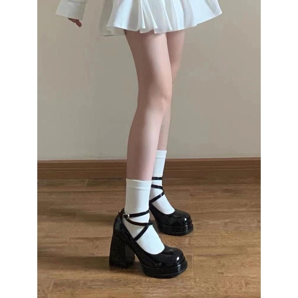 High Heel Thick Bottom Shallow Mouth Leather Shoes With Small Strap