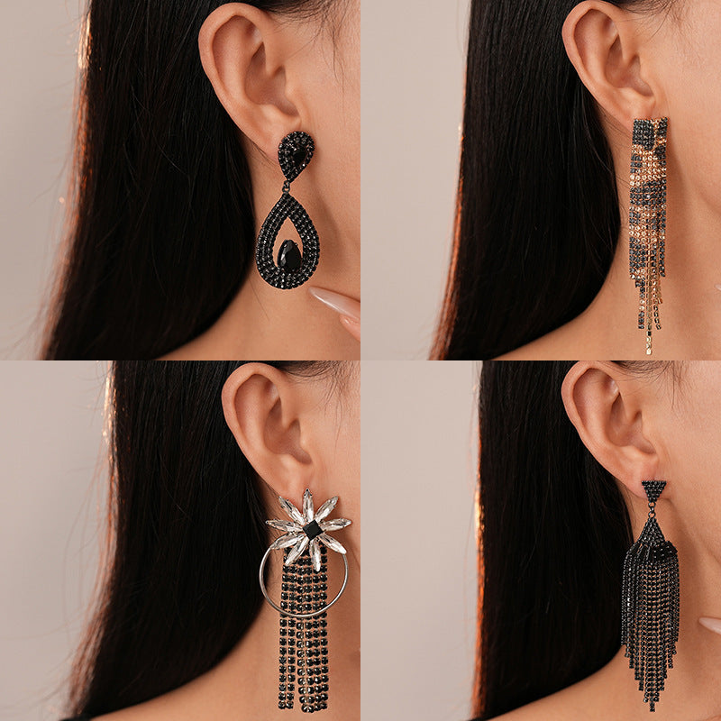 Silver Needle Black Rhimestone Flower Geometric Tassel Stud Earrings