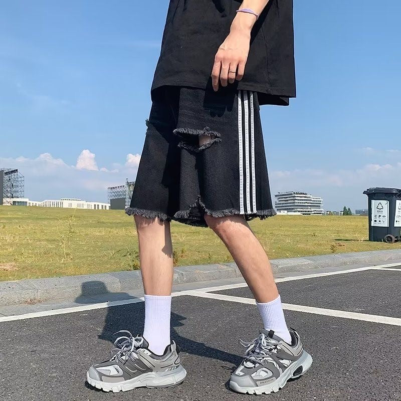 Ripped Denim Shorts Men's Retro Three-bar Pants Design Sense Niche Loose Large Trunks