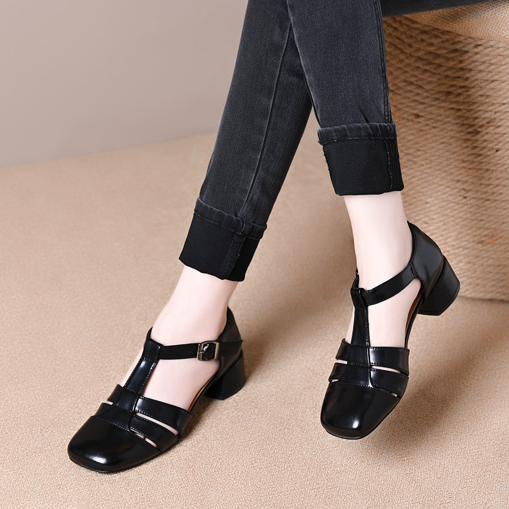 Hollow Retro Strap All-matching Chunky Heel Sandals