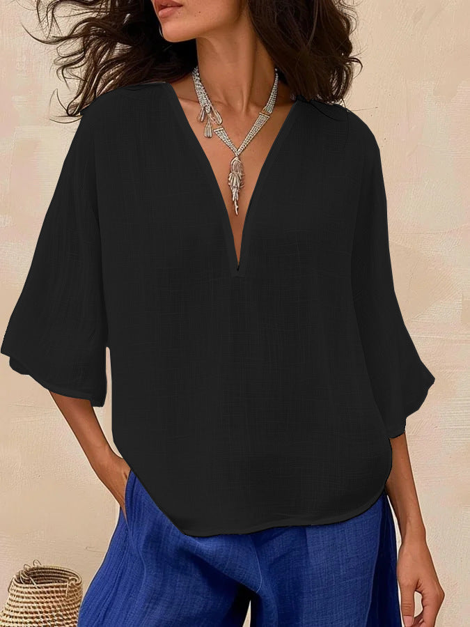 Loose Casual Solid-Colored Cotton-Linen Womens V-Neck Trendy Fashion Mid-Sleeve Top