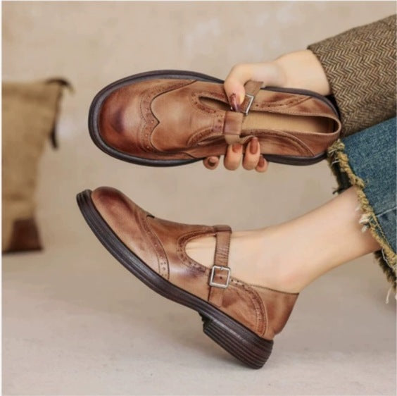 Women's Carved Chunky Heel Platform Round Toe Leather Shoes