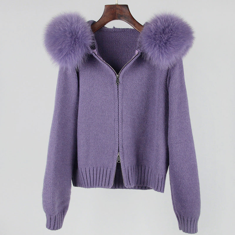 Spring Coat Women's Zipper Real Fox Fur Collar Hooded