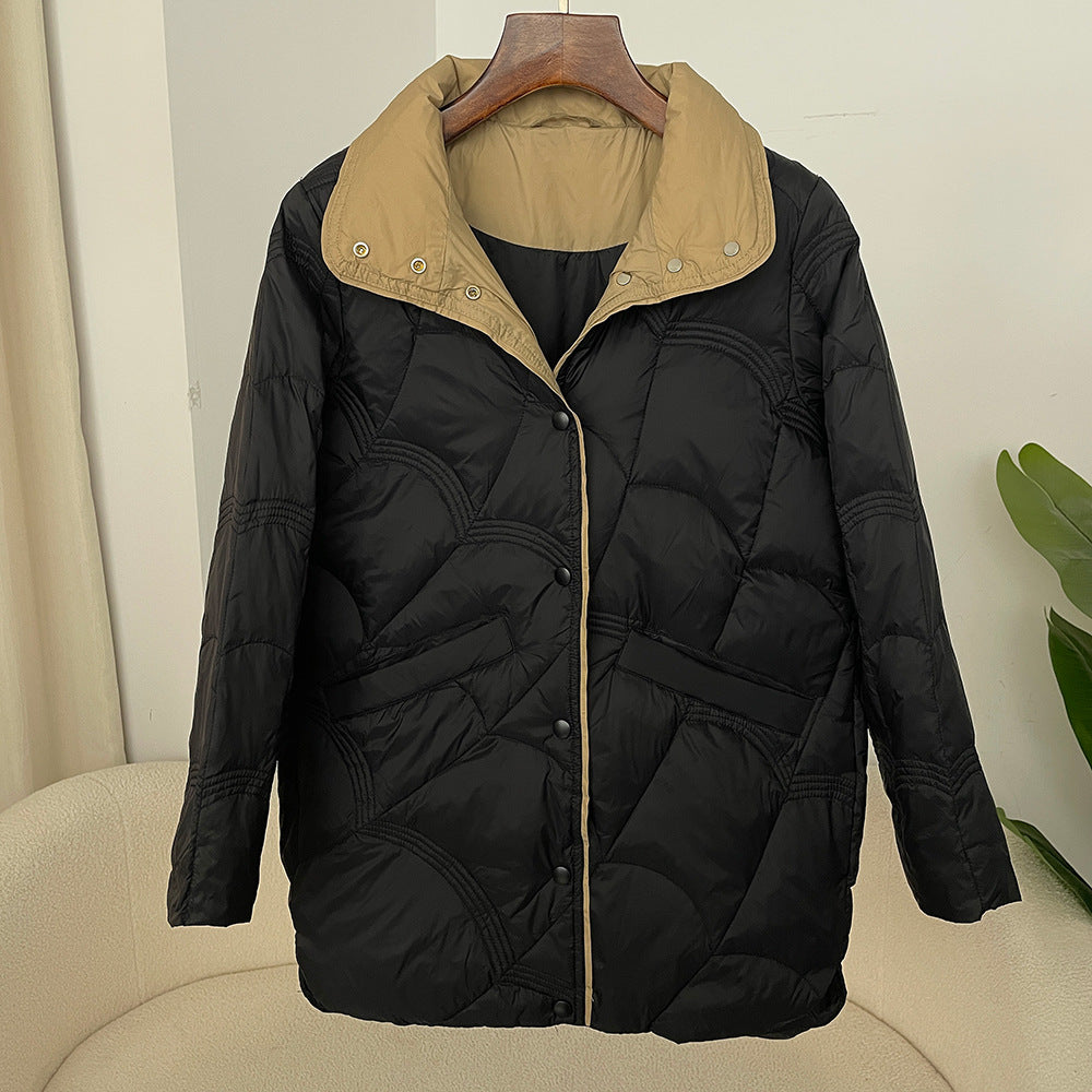 Women's Mid-length White Duck Down Retro Loose Xiangyun Stand Collar Coat