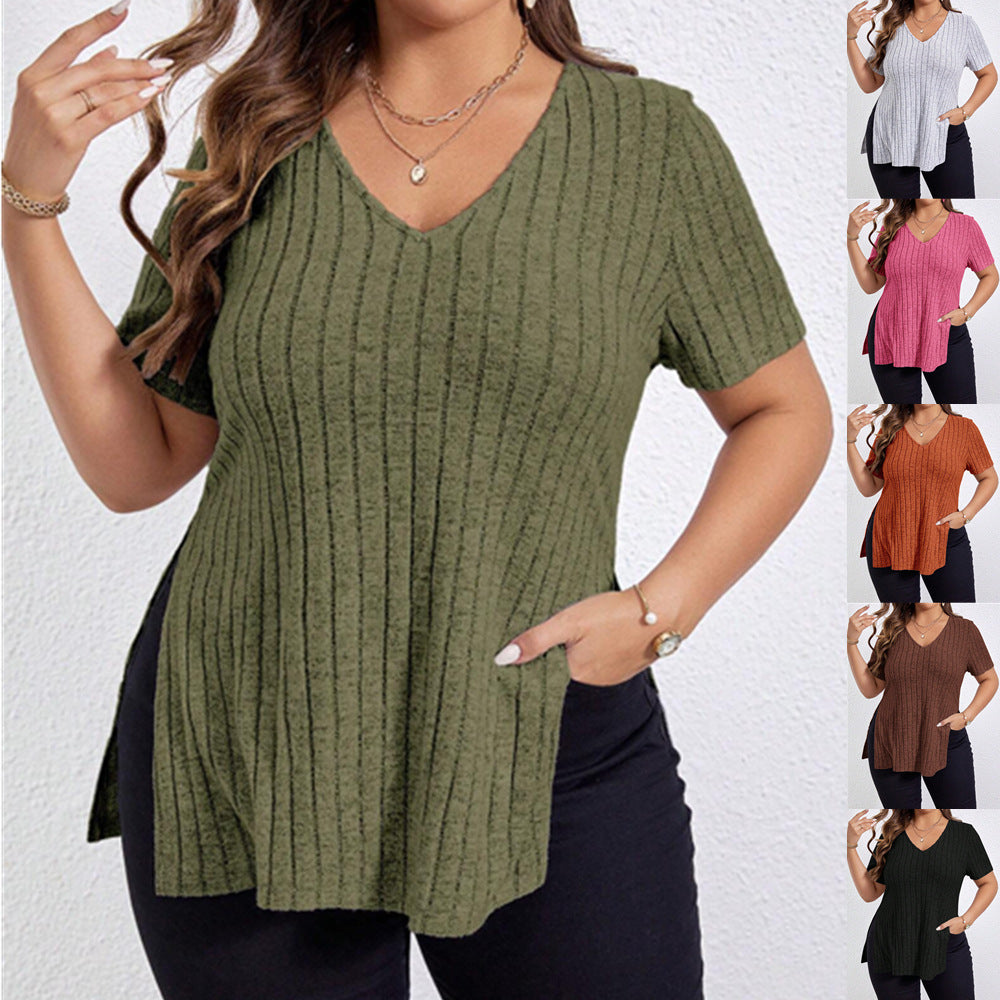 V-neck Split Sunken Stripe Brushed Women's Short Sleeve