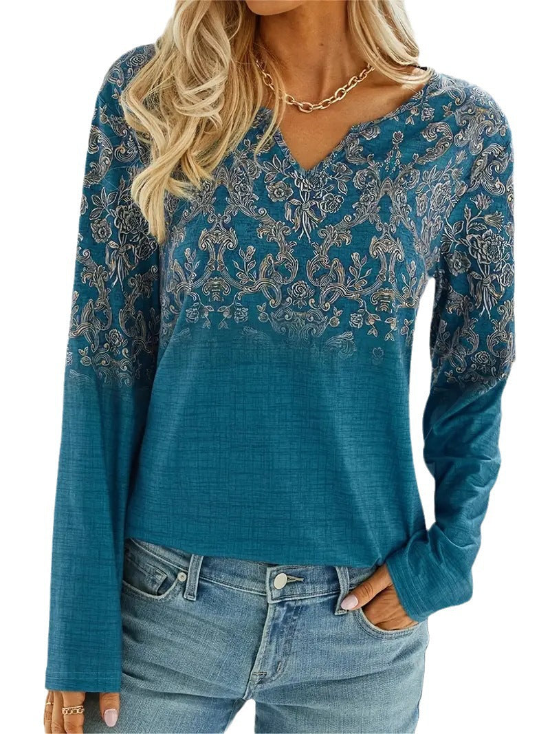 Fashionable Casual V-Neck Ethnic-Style Long Sleeve