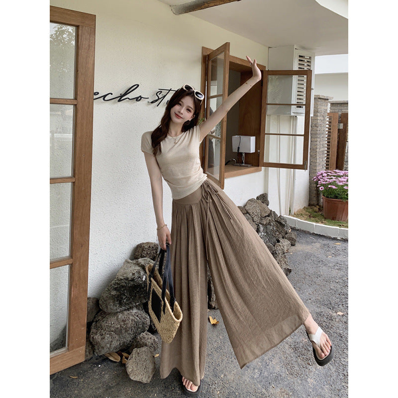 Elastic High Waist Lace-up Draped Casual Pants