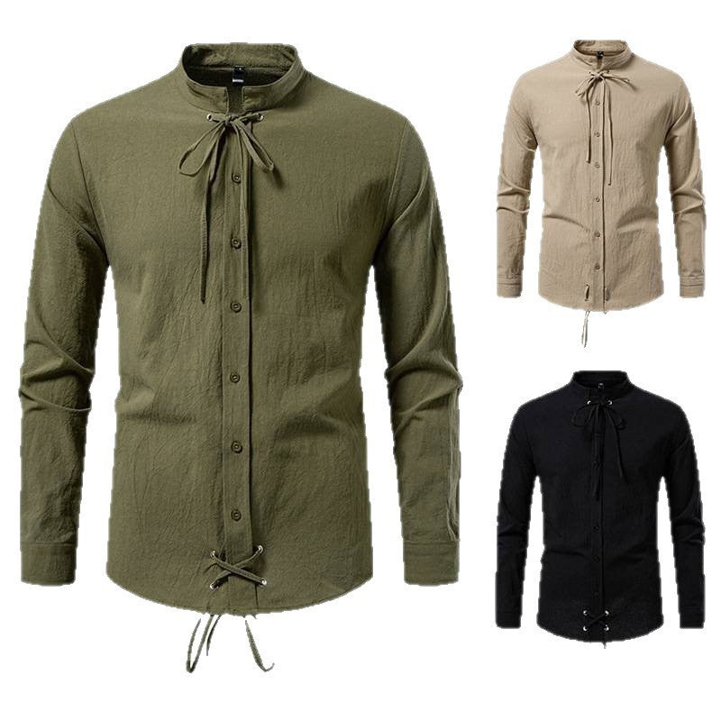 Pirate Drawstring Men's Cotton And Linen Long Sleeve European Size Shirt