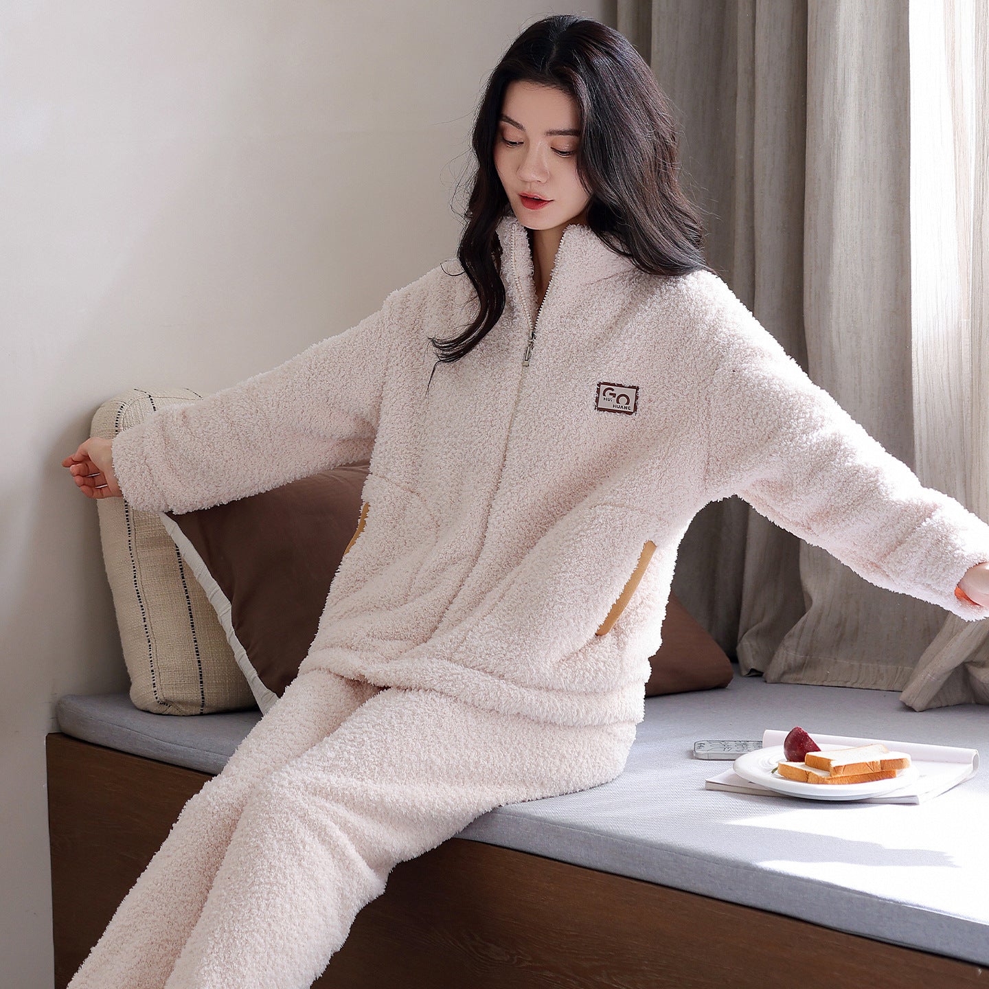 Long Sleeve Half Velvet Warm Padded Zipper Couple Pajamas