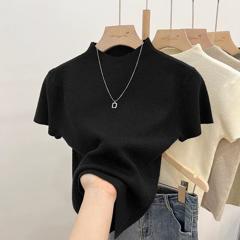 Dopamine Hot Girl Black Mock-neck Shoulder Short Sleeve Shirt Female Summer