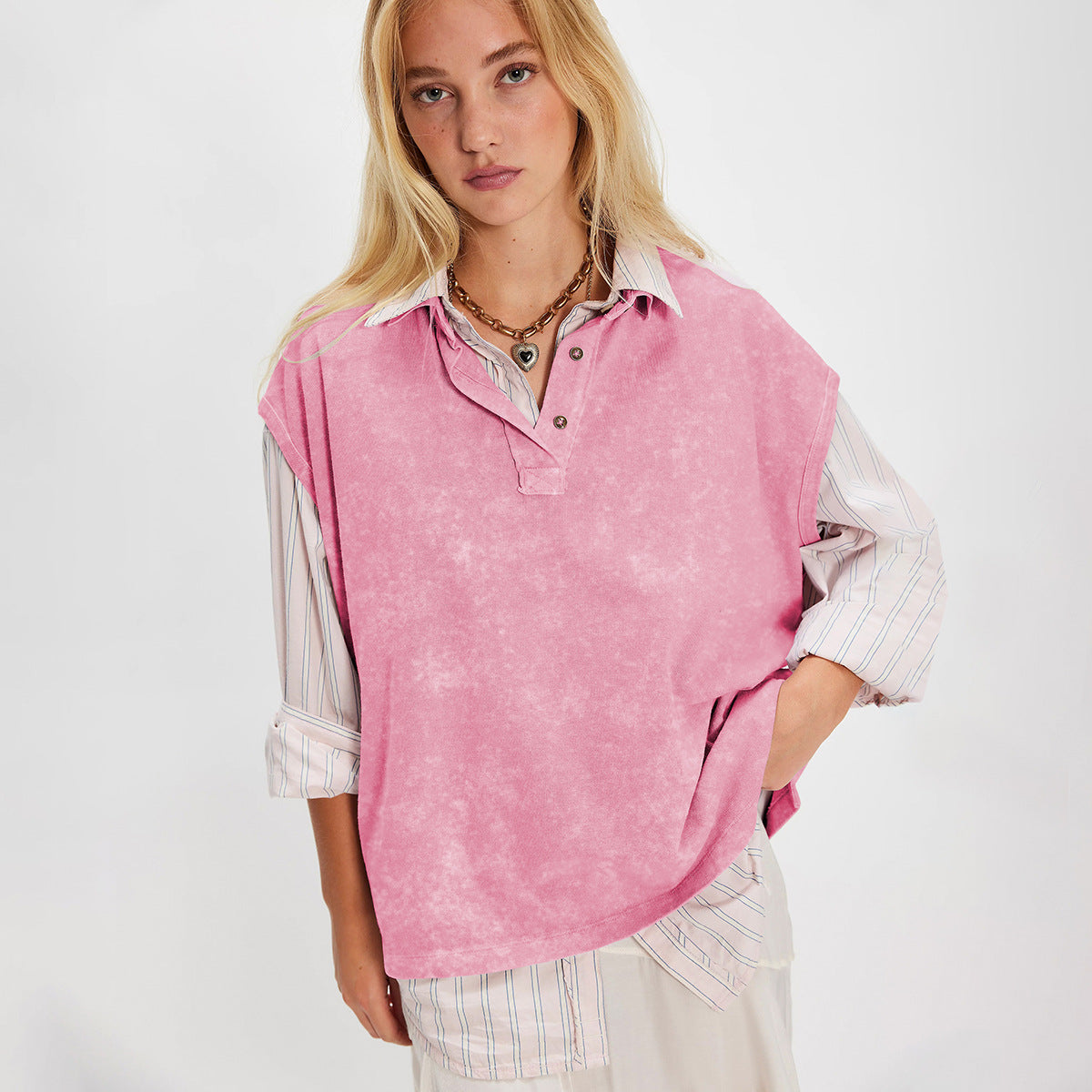 Turn-down Collar Drop-shoulder Loose-fit Casual Top