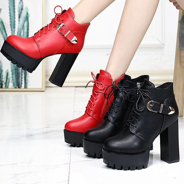 New British Style Chunky Heel Waterproof Platform High Heels