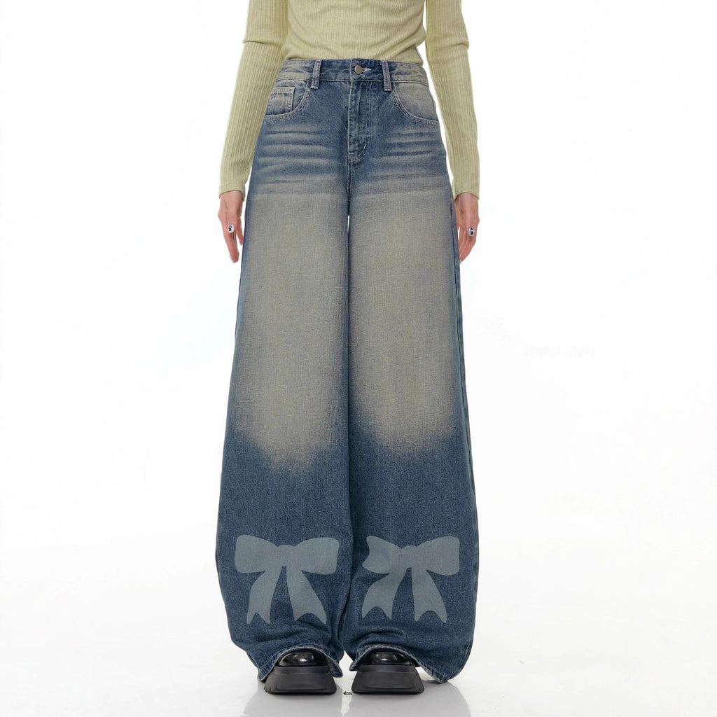 Retro Wide-leg Bow-tie Printed Washed Denim Jeans