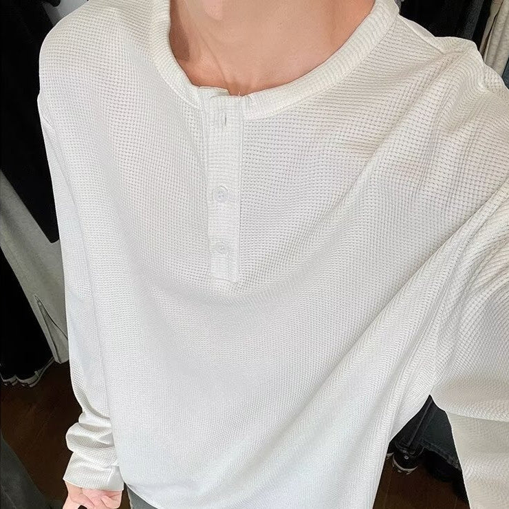 Black American Henry Collar Long-sleeved Men's Top